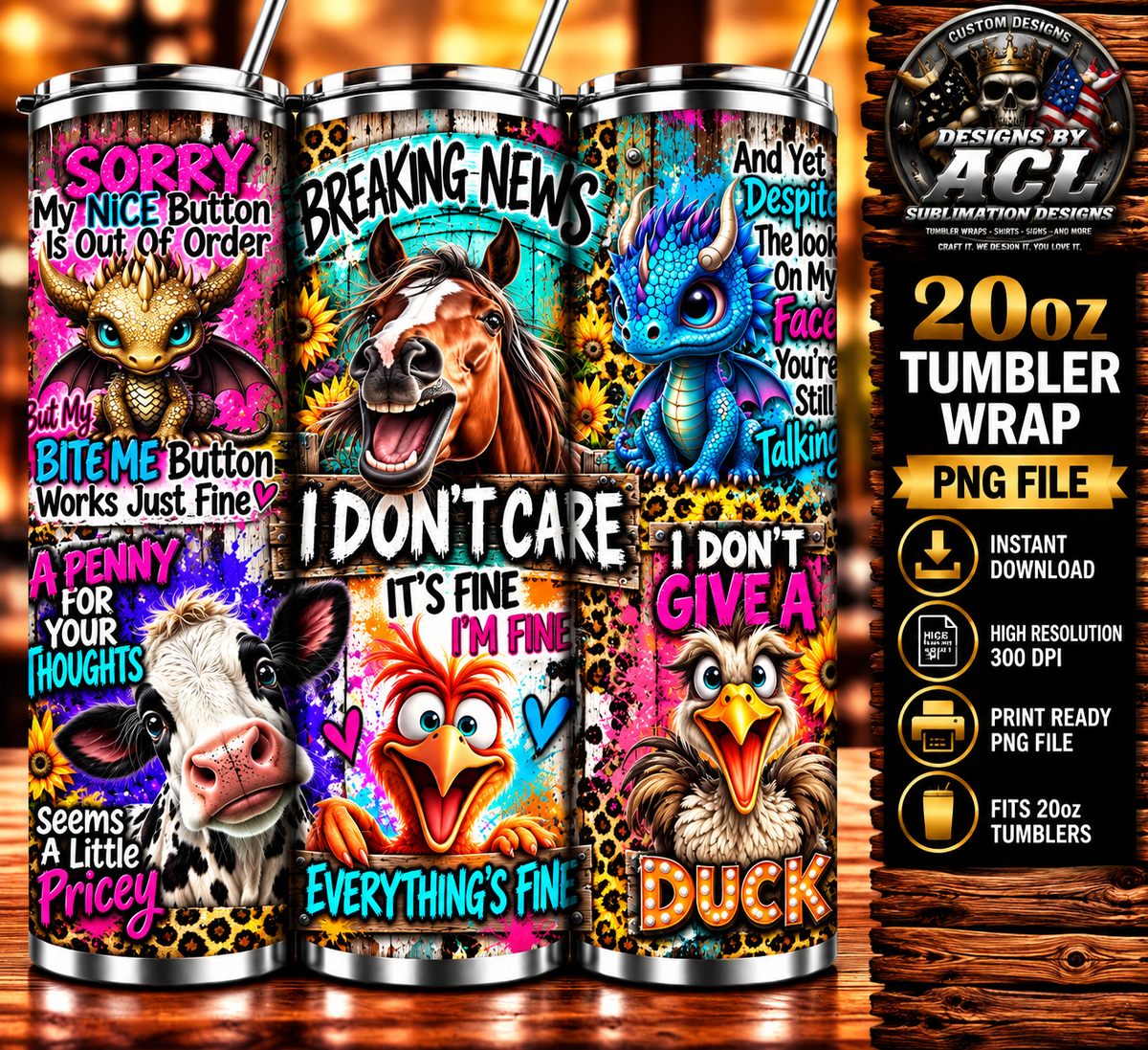 Funny Animals Breaking News I Don't Care 20oz Tumbler Wrap PNG