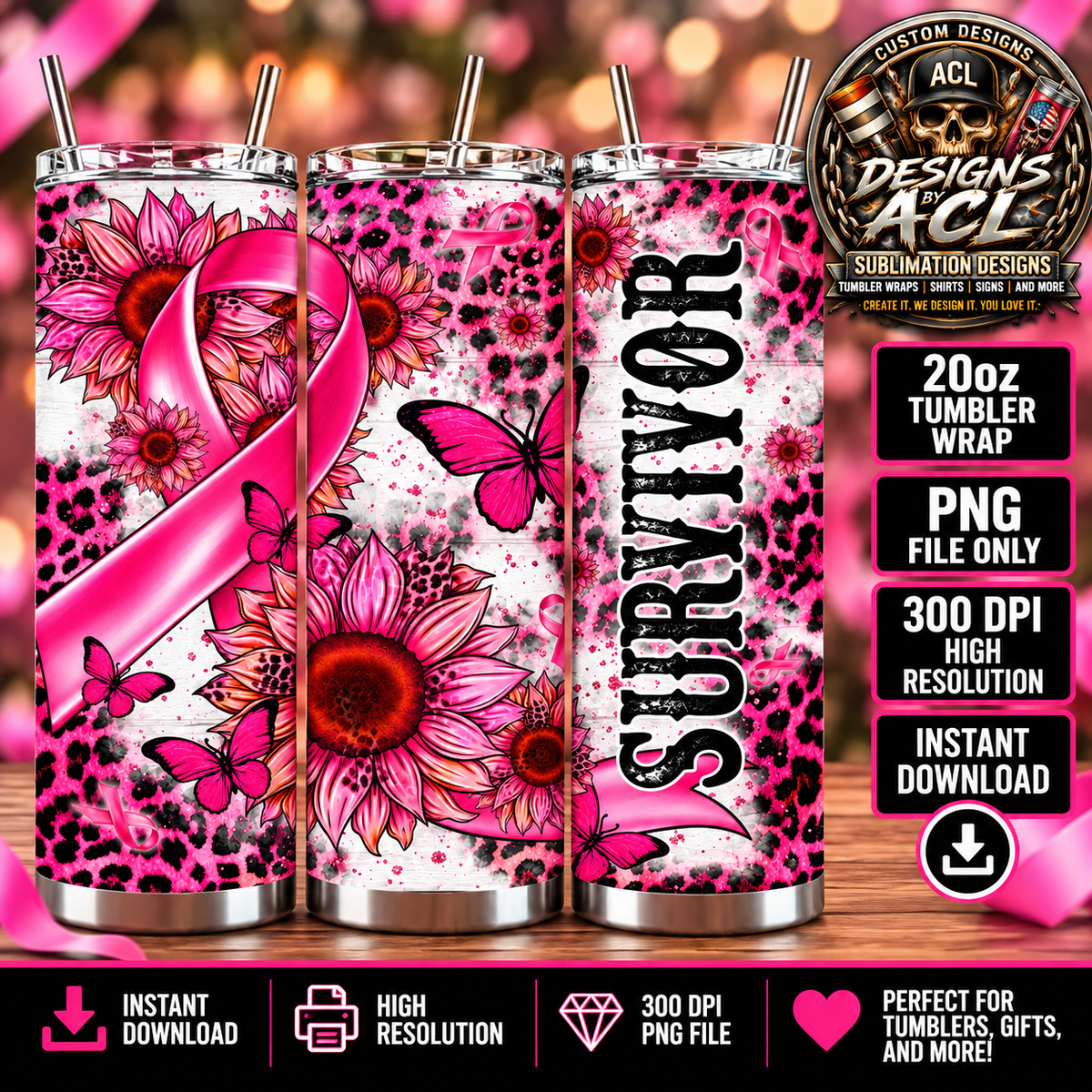 Survivor Pink Ribbon Sunflower Butterfly Breast Cancer Awareness 20oz Tumbler Wrap PNG