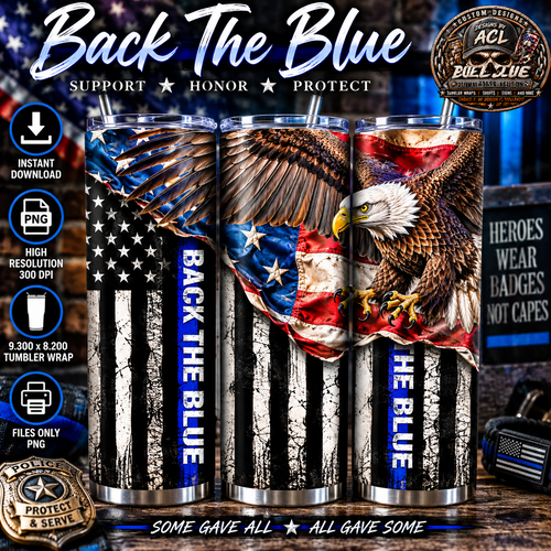 Back the Blue patriotic eagle American flag sublimation tumbler wrap mockup