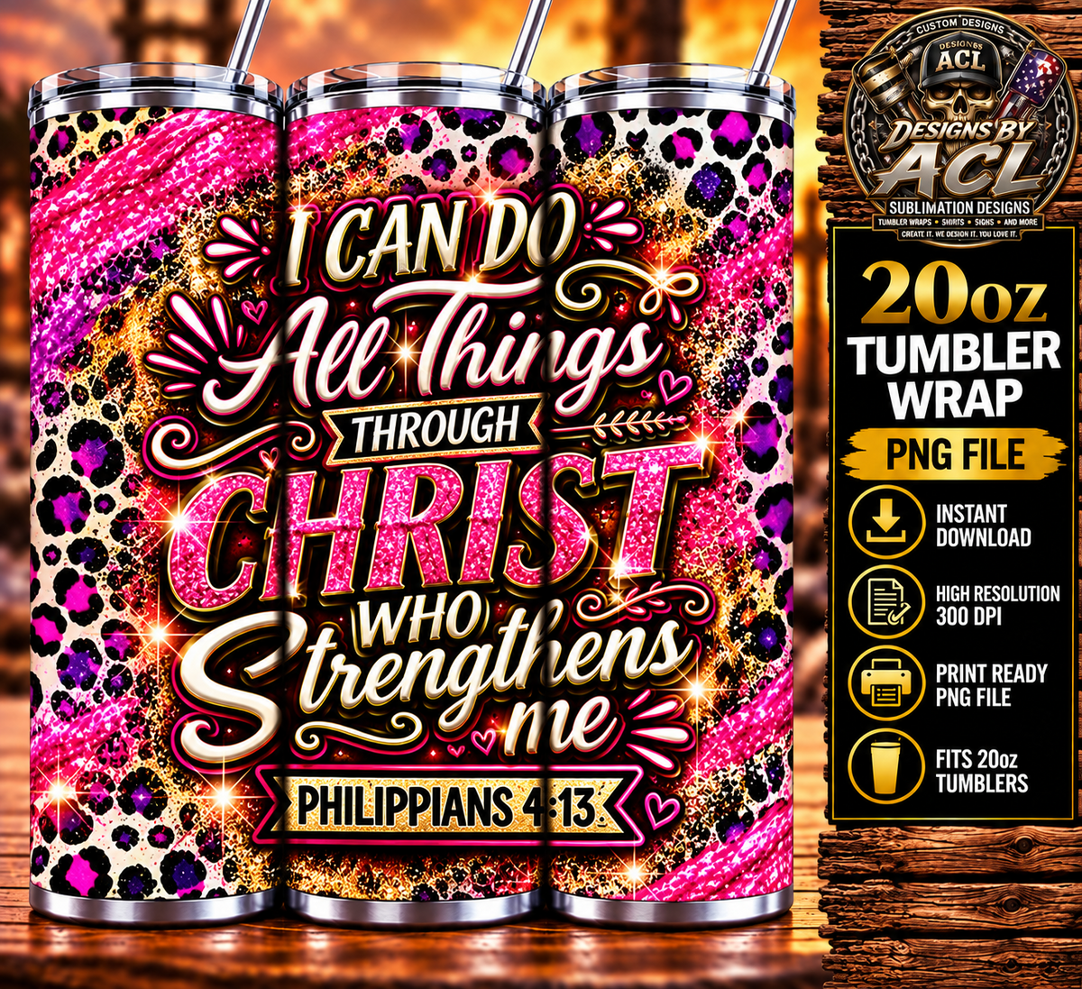 Philippians 4:13 pink leopard glitter inspirational Christian 20oz tumbler mockup
