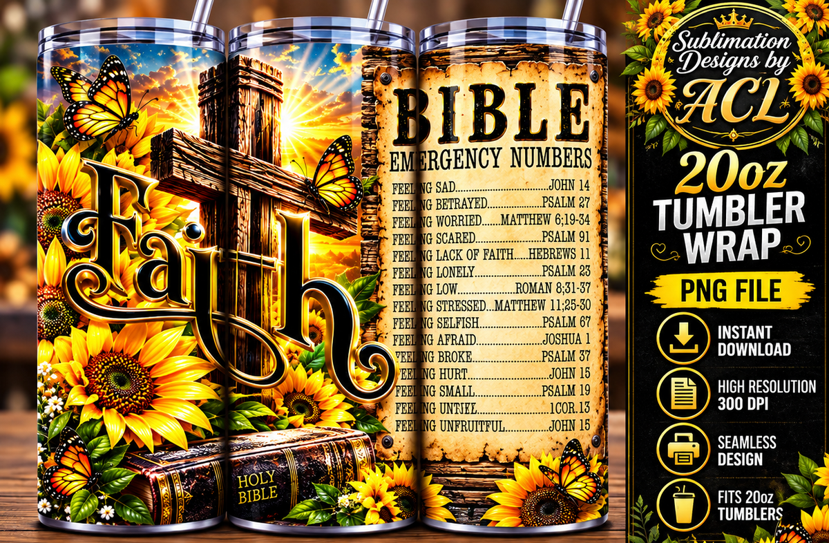 Bible Emergency Numbers sunflowers faith cross butterflies 20oz tumbler mockup