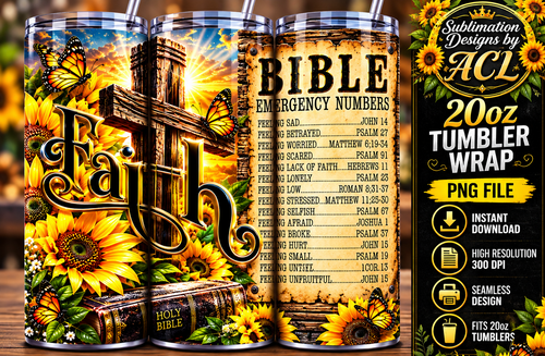Bible Emergency Numbers sunflowers faith cross butterflies 20oz tumbler mockup