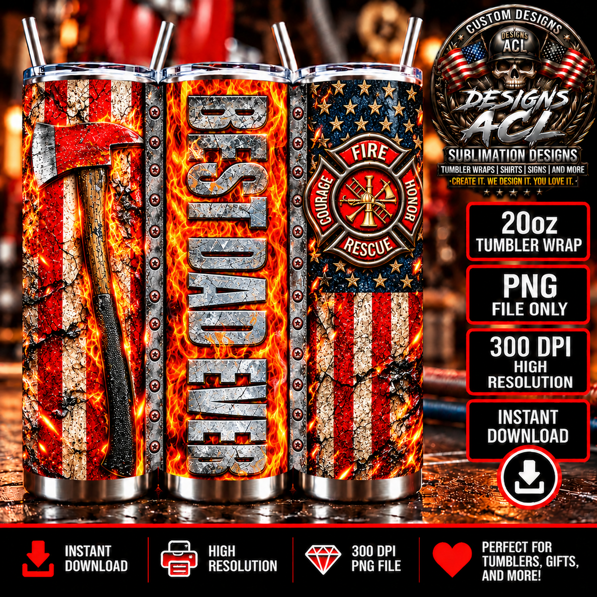 Firefighter flame axe rescue American flag 20oz skinny tumbler mockup