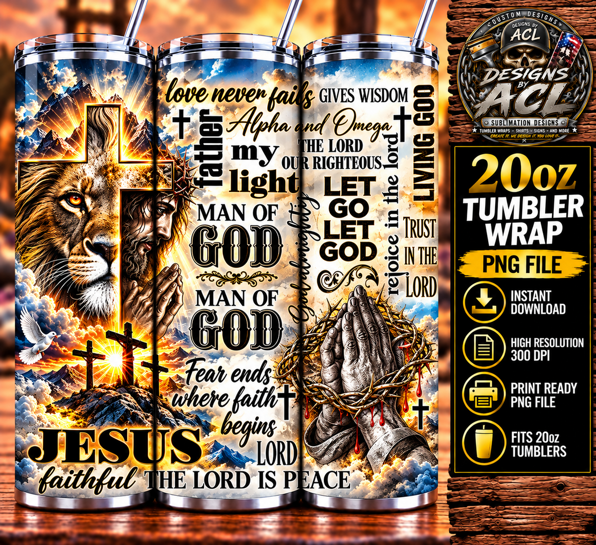 Jesus lion cross prayer inspirational Christian word collage 20oz tumbler mockup