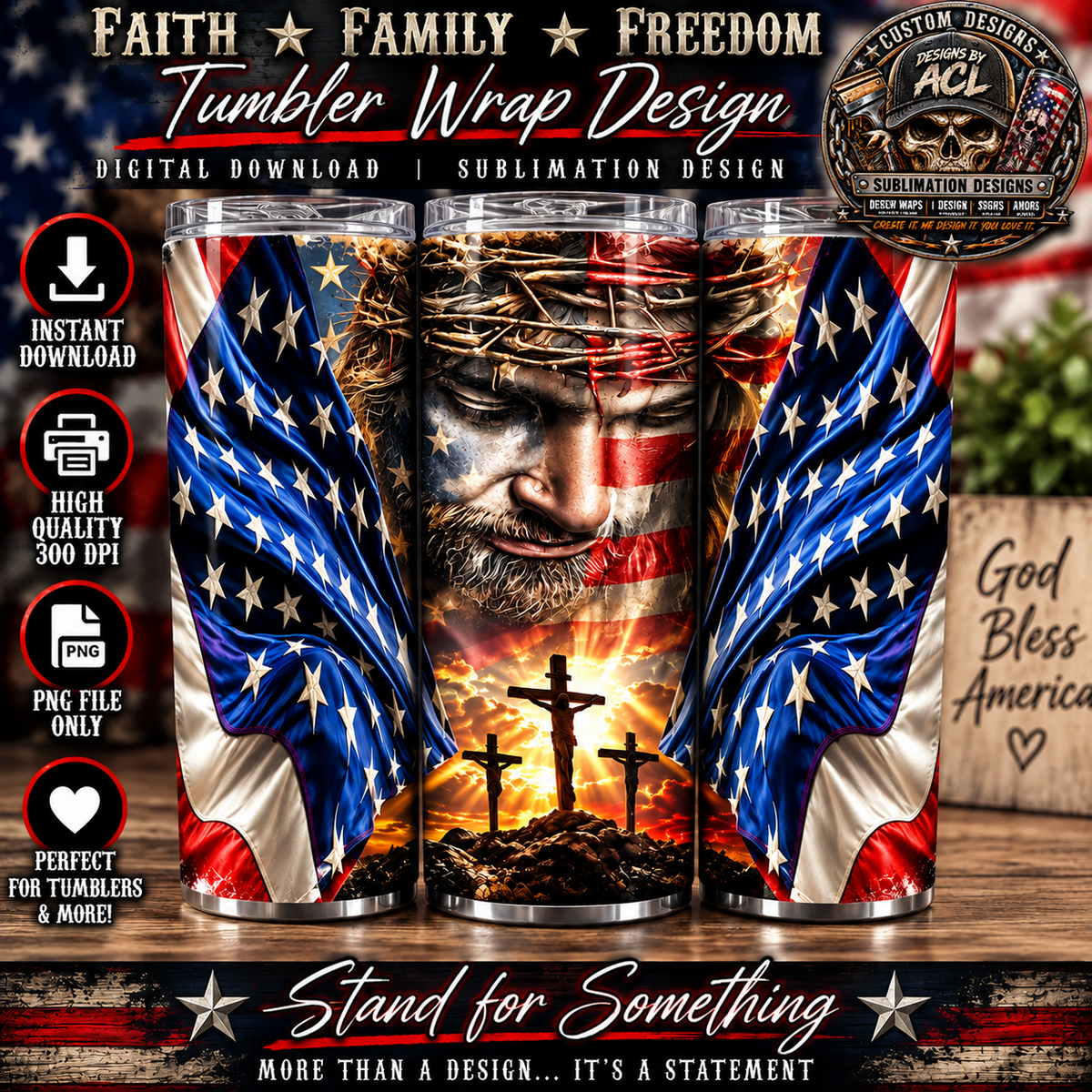 Jesus crown of thorns American flag crosses Faith Family Freedom 20oz tumbler mockup