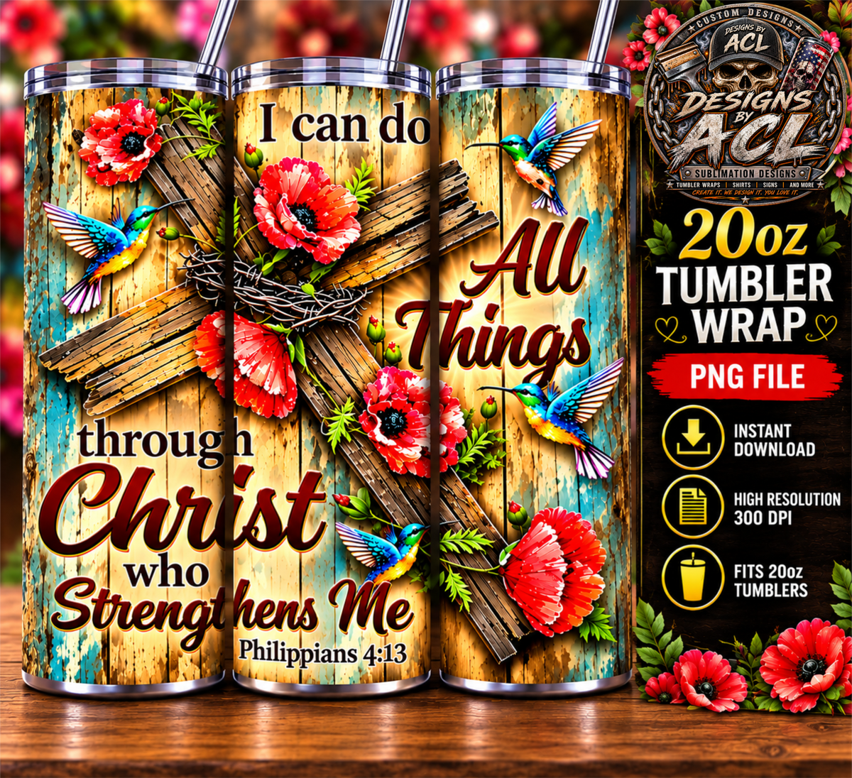 Philippians 4:13 Christ hummingbirds poppy flowers wooden cross 20oz tumbler mockup