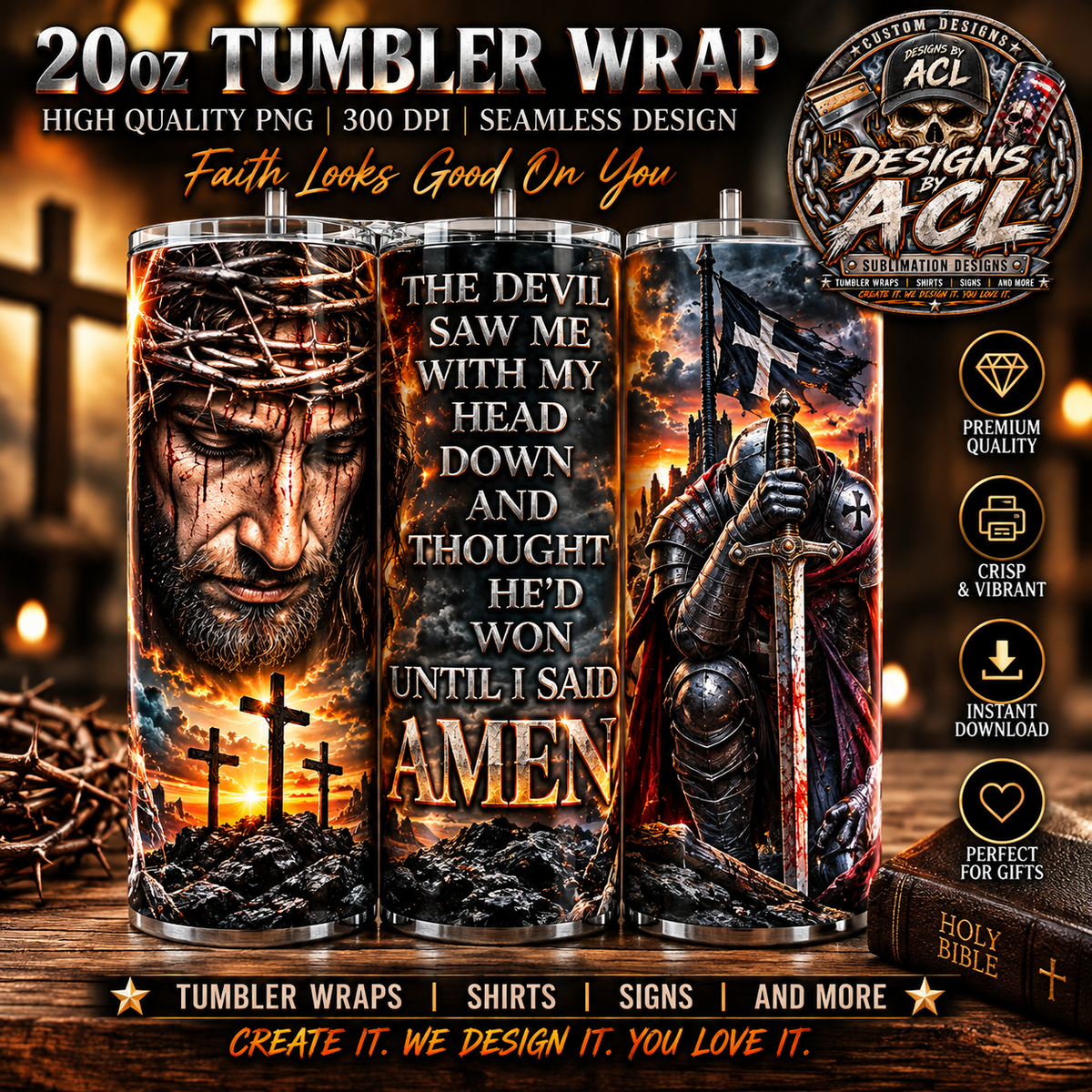 Christian Jesus Amen 20oz tumbler three view mockup