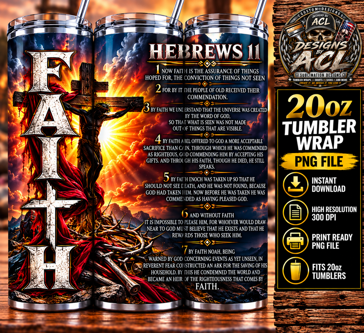 Faith Hebrews 11 Christian scripture 20oz tumbler mockup with cross and sunset