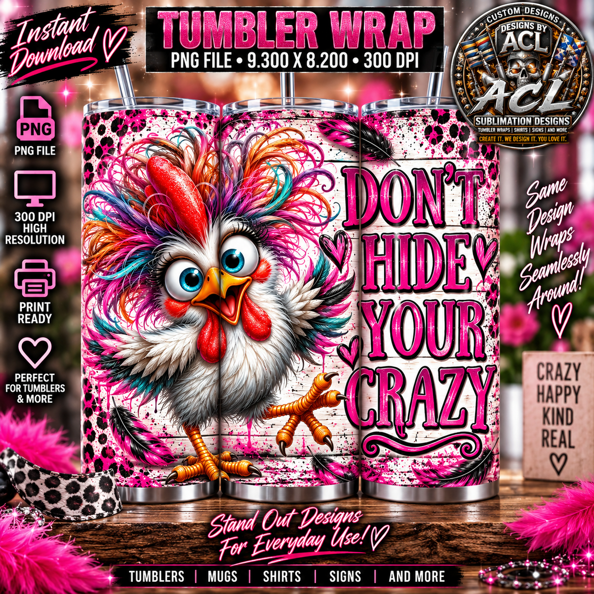Colorful crazy chicken pink leopard print funny tumbler