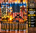Guns God and Country patriotic American flag farm cross sunset three-view 20oz tumbler mockup