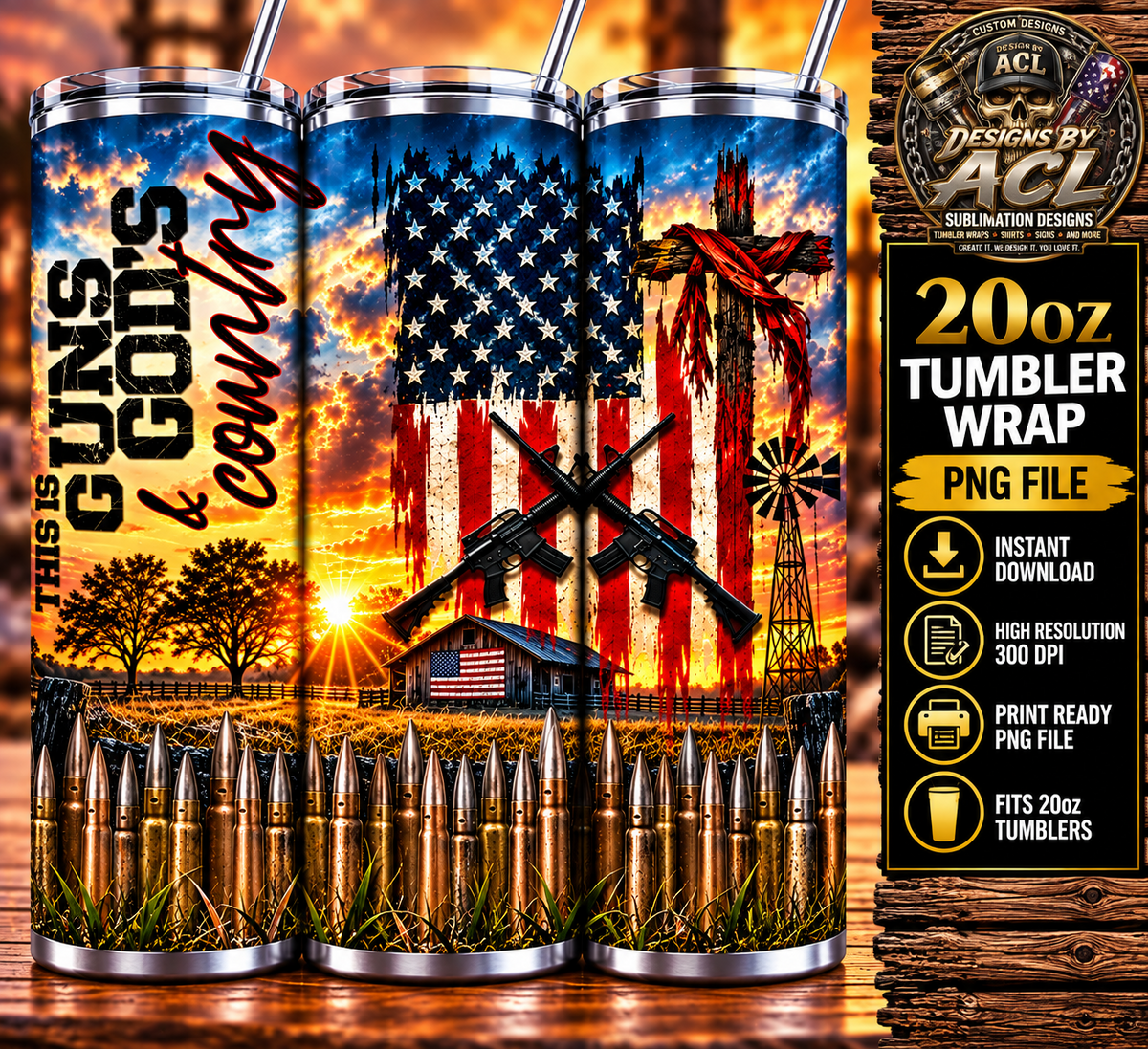Guns God and Country patriotic American flag farm cross sunset three-view 20oz tumbler mockup