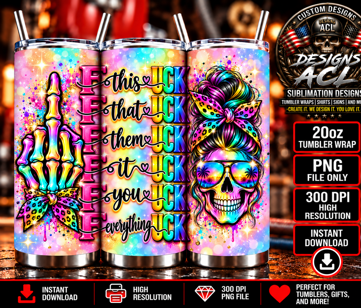 Colorful F This F That Rainbow Skull product tumbler mockup