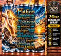 Our Father Christian prayer tumbler wrap preview featuring a cross, ocean sunset, praying hands and Bible