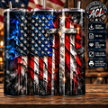 American flag with silver cross red white blue 20oz skinny tumbler mockup
