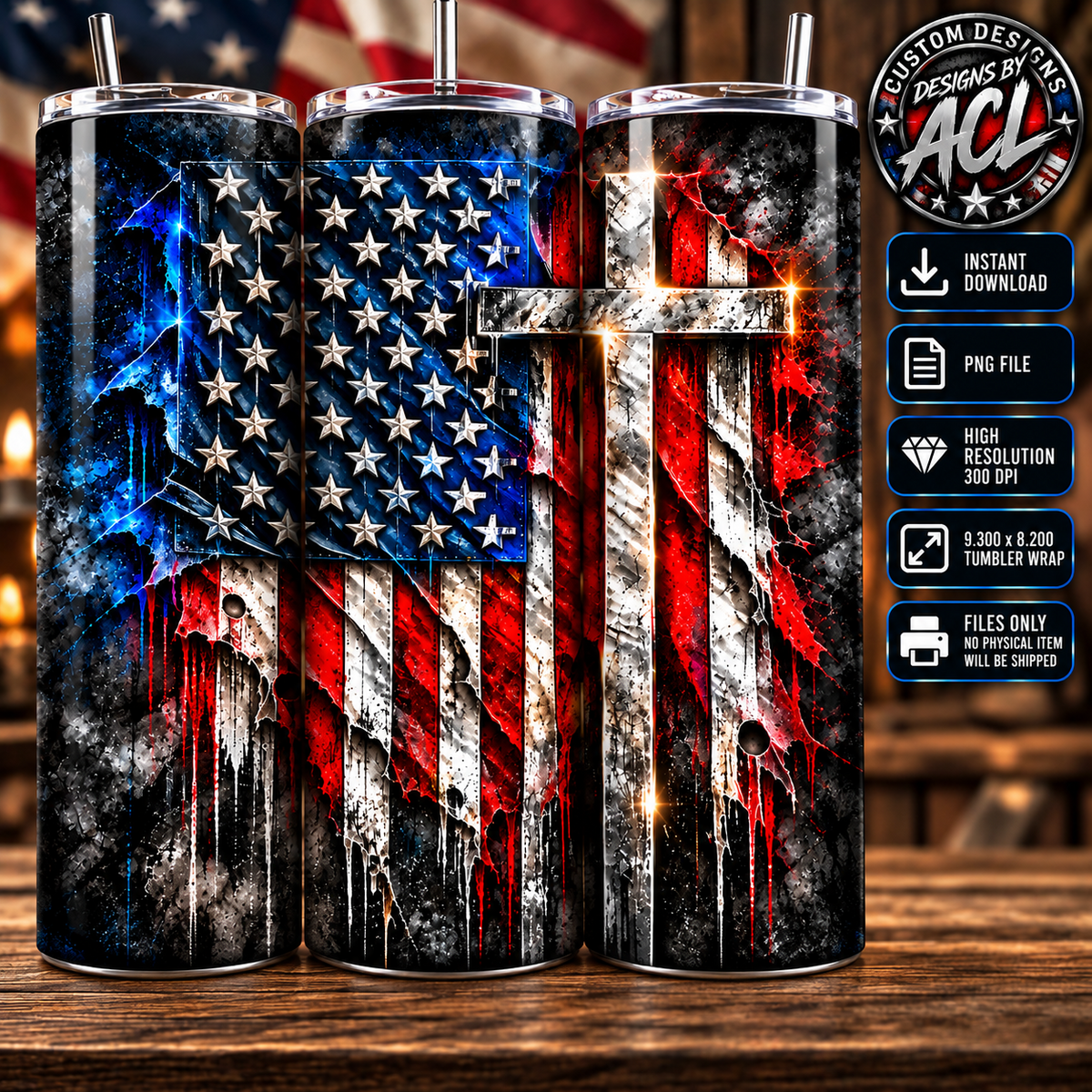 American flag with silver cross red white blue 20oz skinny tumbler mockup