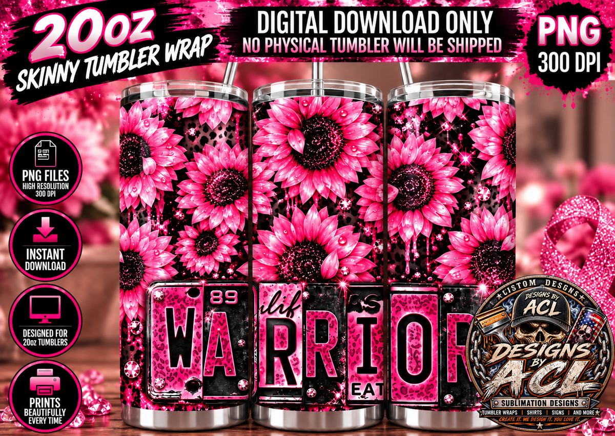 Pink sunflower and leopard print Warrior 20oz skinny tumbler wrap mockup