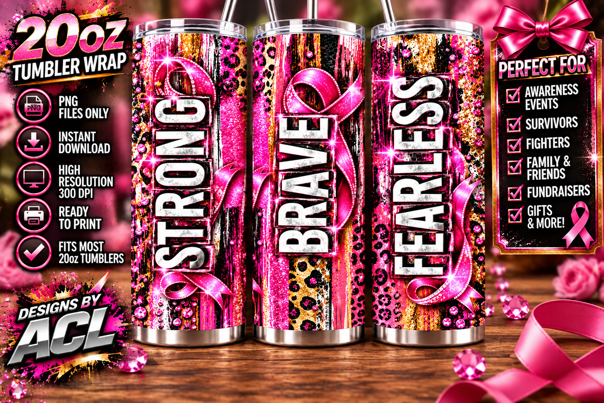 Strong Brave Fearless breast cancer awareness pink leopard print ribbon 20oz skinny tumbler mockup