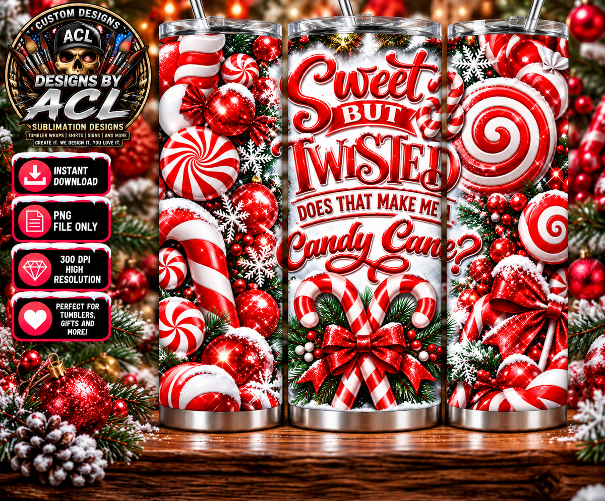 Sweet But Twisted candy cane Christmas holiday 20oz skinny tumbler wrap three-view mockup