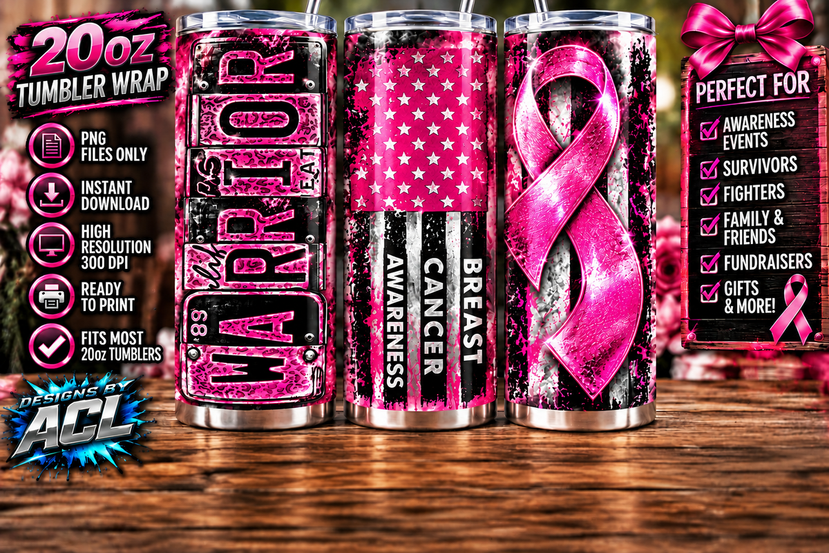 Warrior pink breast cancer awareness ribbon 20oz tumbler wrap mockup, three sides