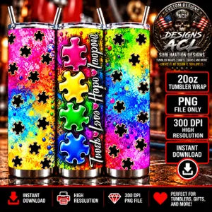 Autism Teacher 20oz Tumbler Wrap PNG, Teach Love Hope Inspire, Rainbow Puzzle Pieces, Special Education Sublimation Digital Download