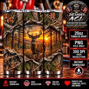 Deer Hunting 20oz Tumbler Wrap PNG, Whitetail Buck Sunset Forest, Rustic Camo Hunting Sublimation Design, Digital Download