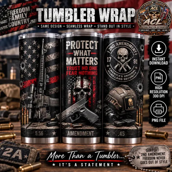 2nd Amendment Tumbler Wrap PNG | Patriotic Tactical Skull Design | 20oz Skinny Tumbler Sublimation | Instant Digital Download