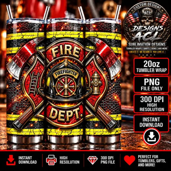 Firefighter Tumbler Wrap PNG, 20oz Skinny Tumbler Design, Fire Department Maltese Cross, Firefighter Sublimation, First Responder Gift