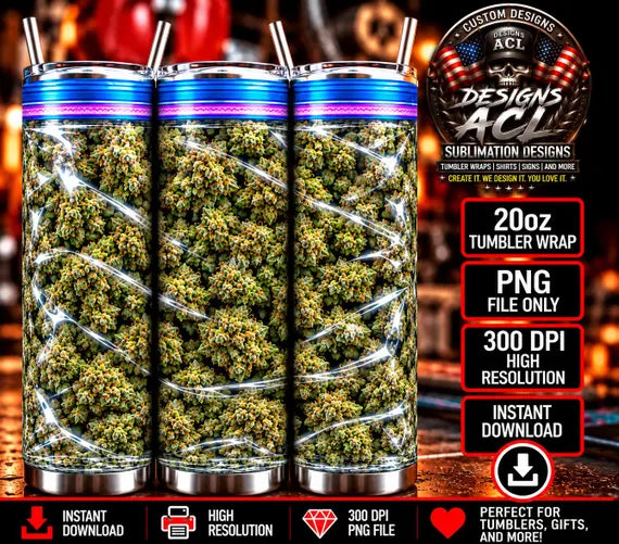 Realistic Cannabis Bud Tumbler Wrap PNG | 20oz Skinny Tumbler Sublimation Design | Funny 420 Zipper Bag Digital Download