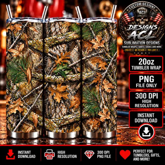 Camo 20oz Tumbler Wrap PNG, Realistic Hunting Camouflage Sublimation Design, Tree Bark Oak Leaves, Digital Download