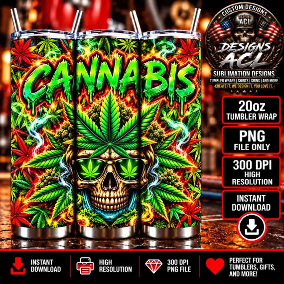 420 Cannabis Skull Tumbler Wrap PNG, Neon Green Weed Design, Marijuana Leaf, 20oz Skinny Tumbler Sublimation Digital Download