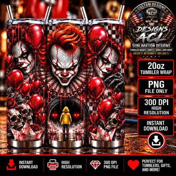 Creepy Clown 20oz Tumbler Wrap PNG, Scary Horror Clown Sublimation Design, Red Balloon Halloween Tumbler, Spooky Digital Download