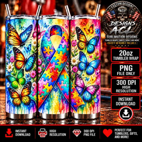 Autism Awareness 20oz Tumbler Wrap PNG, Colorful Puzzle Ribbon Butterflies, Rainbow Floral Sublimation Design, Digital Download