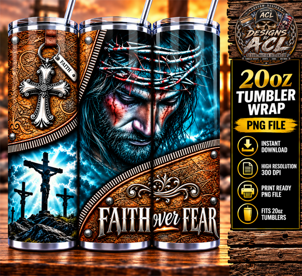 Faith Over Fear Jesus Crown of Thorns Christian 20oz Skinny Tumbler Wrap PNG